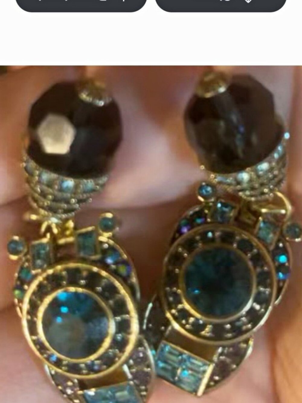 Heidi Daus Signed Blue Crystal Clip-On Dangle Drop Earrings Gold Tone